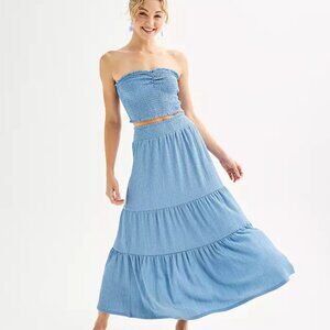 Almost Famous Blue Tiered Skirt Set Crop Top and Midi Skirt